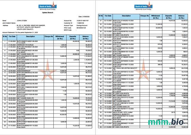 India Bank Of Baroda mPassbook wyciąg z transakcji bankowych, 4 strony